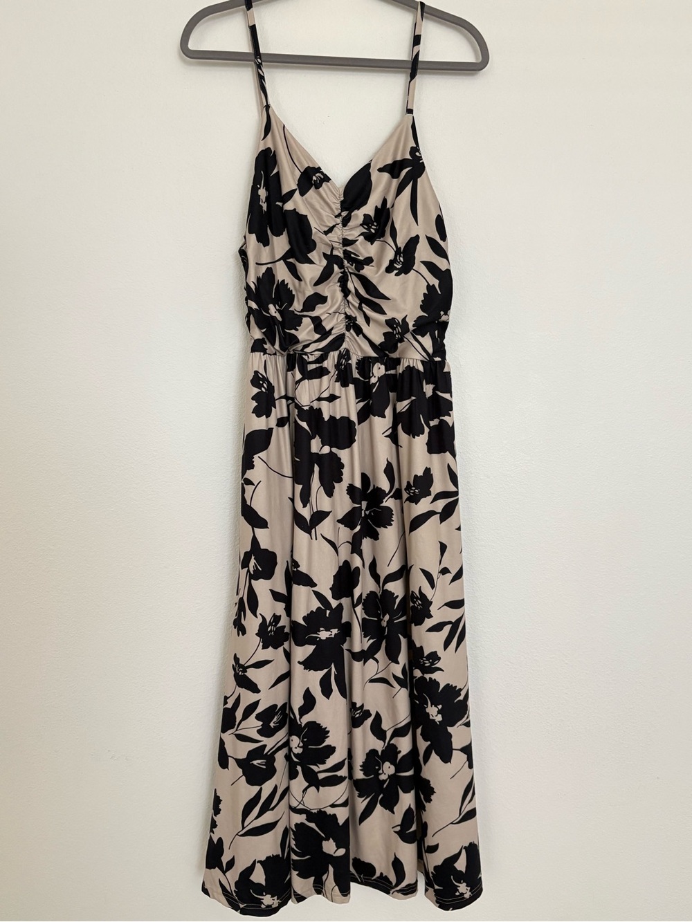 Beige and Black Floral Maxi Dress with Spaghetti Straps